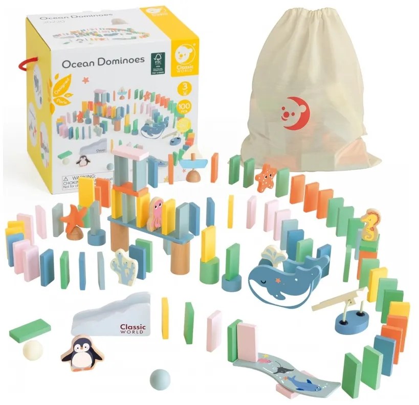 Classic world drewniane domino tor logiczny przeszkód układanka montessori 100 el.
