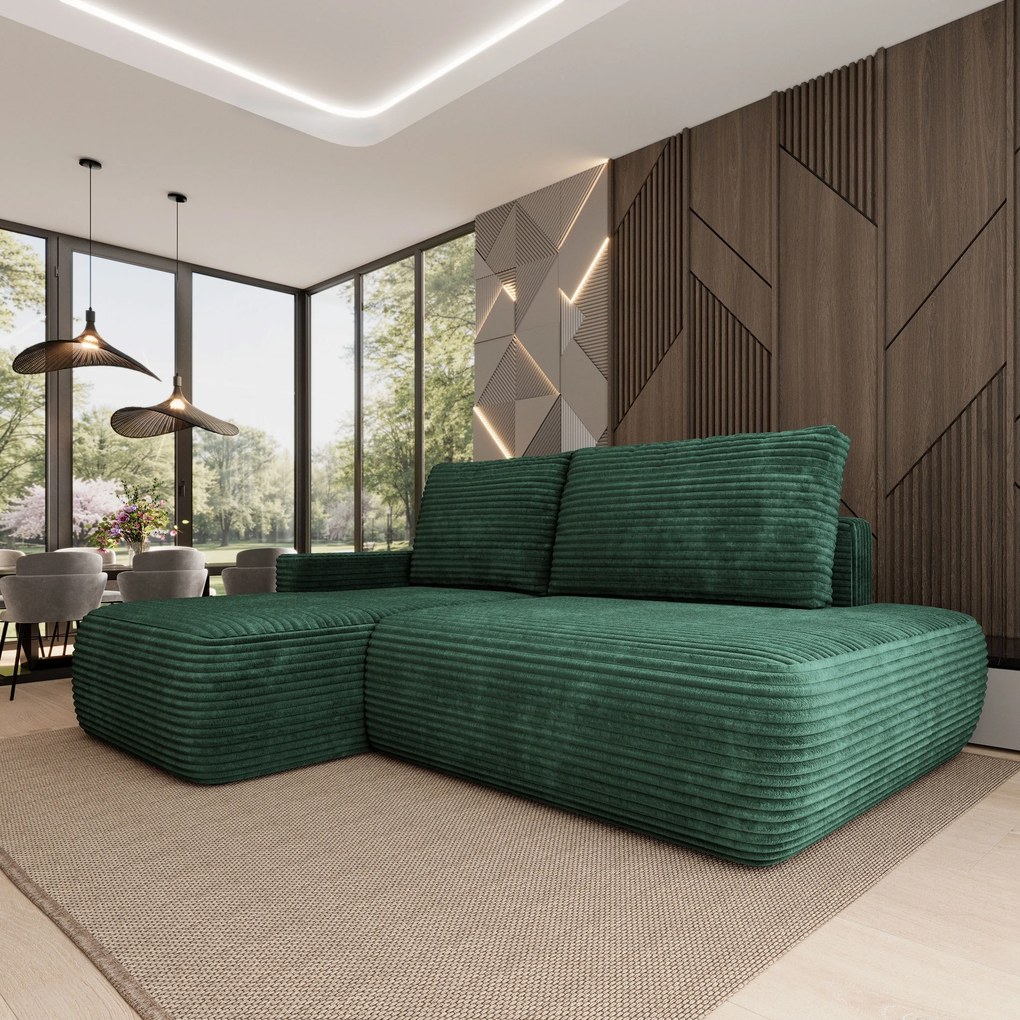Masseno Narożnik AVINI z funkcją spania i pojemnikiem na pościel Narozniki L, Rozkładana sofa - Butelkowa zieleń, TILIA 39