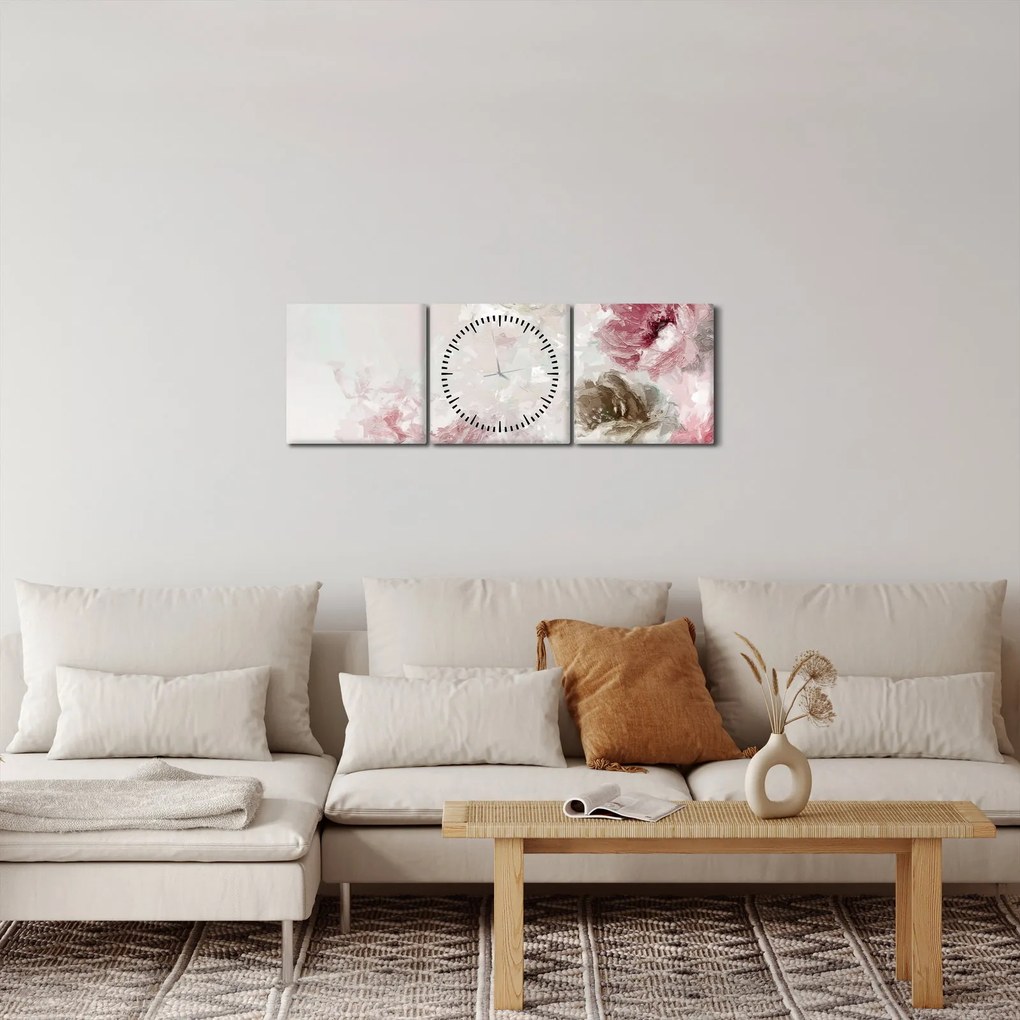 Obraz - Malowanie różowych kwiatów (z zegarem) (90x30 cm)