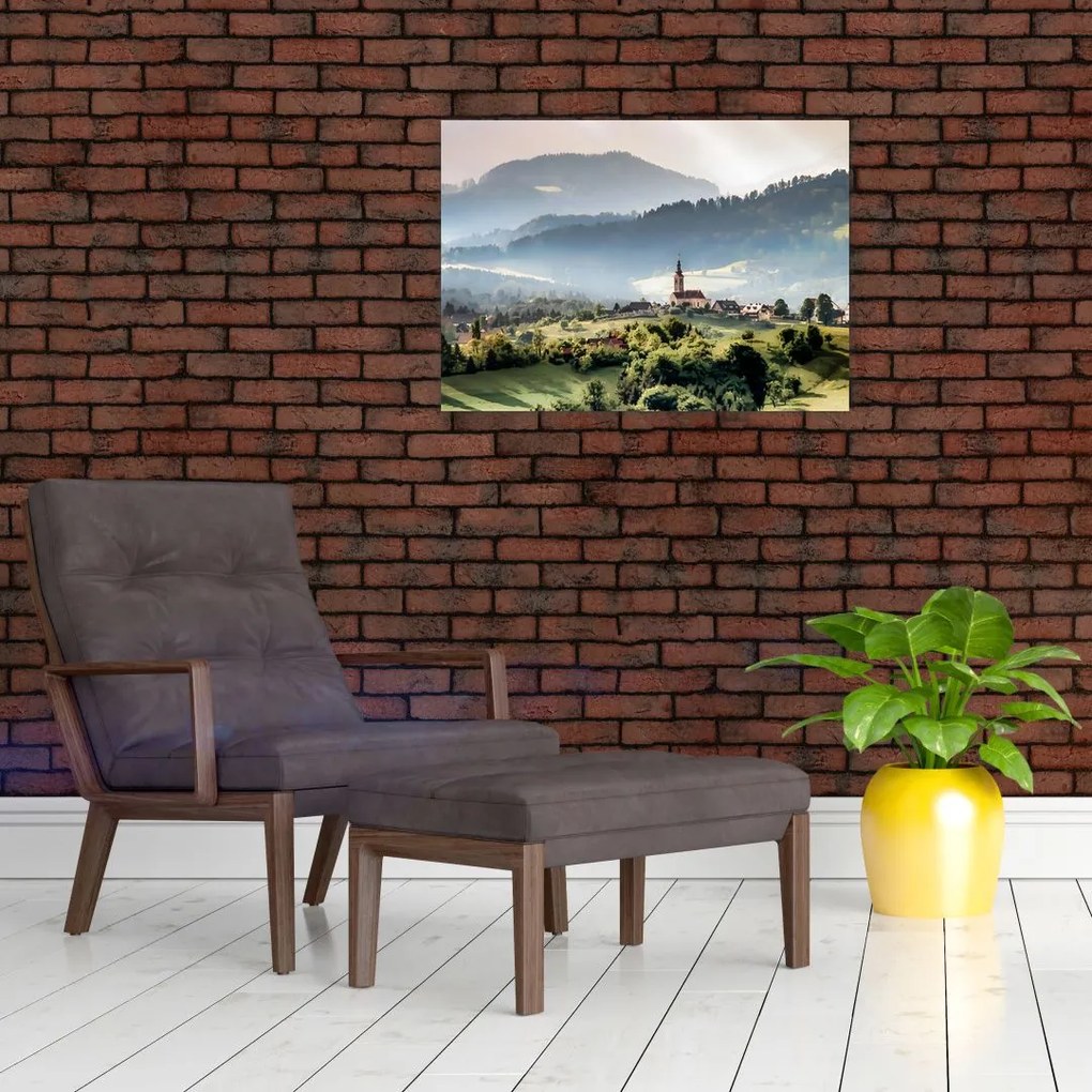Obraz na szkle - wieś we mgle (70x50 cm)