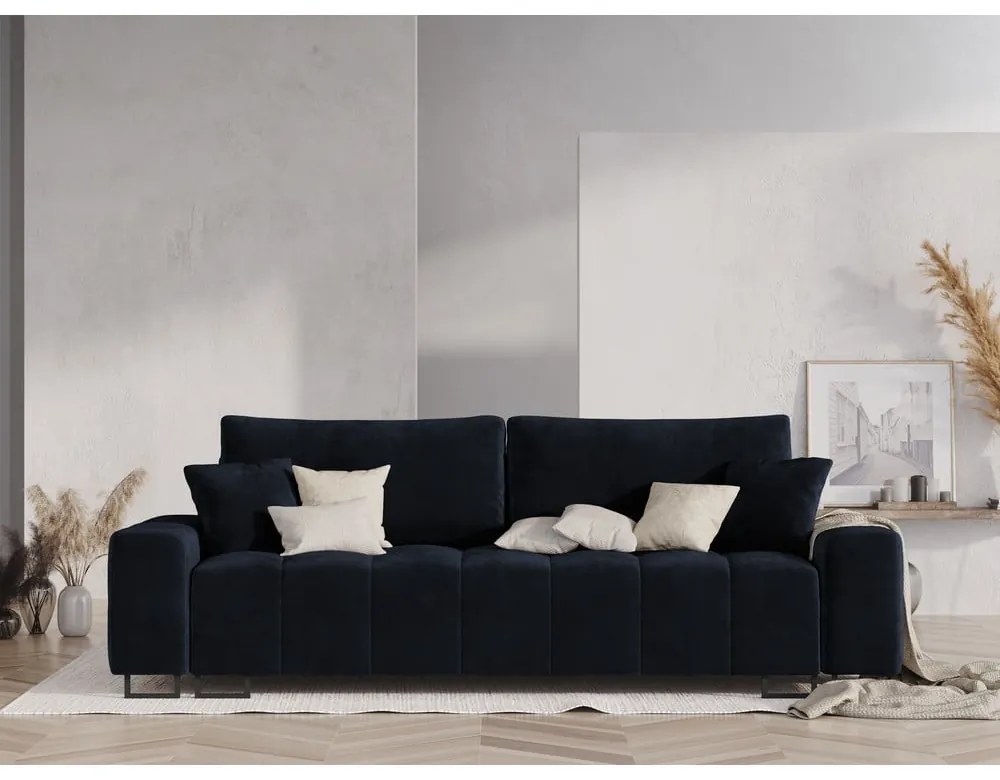 Ciemnoniebieska aksamitna rozkładana sofa ze schowkiem 250 cm Wicklow – Cosmopolitan Design