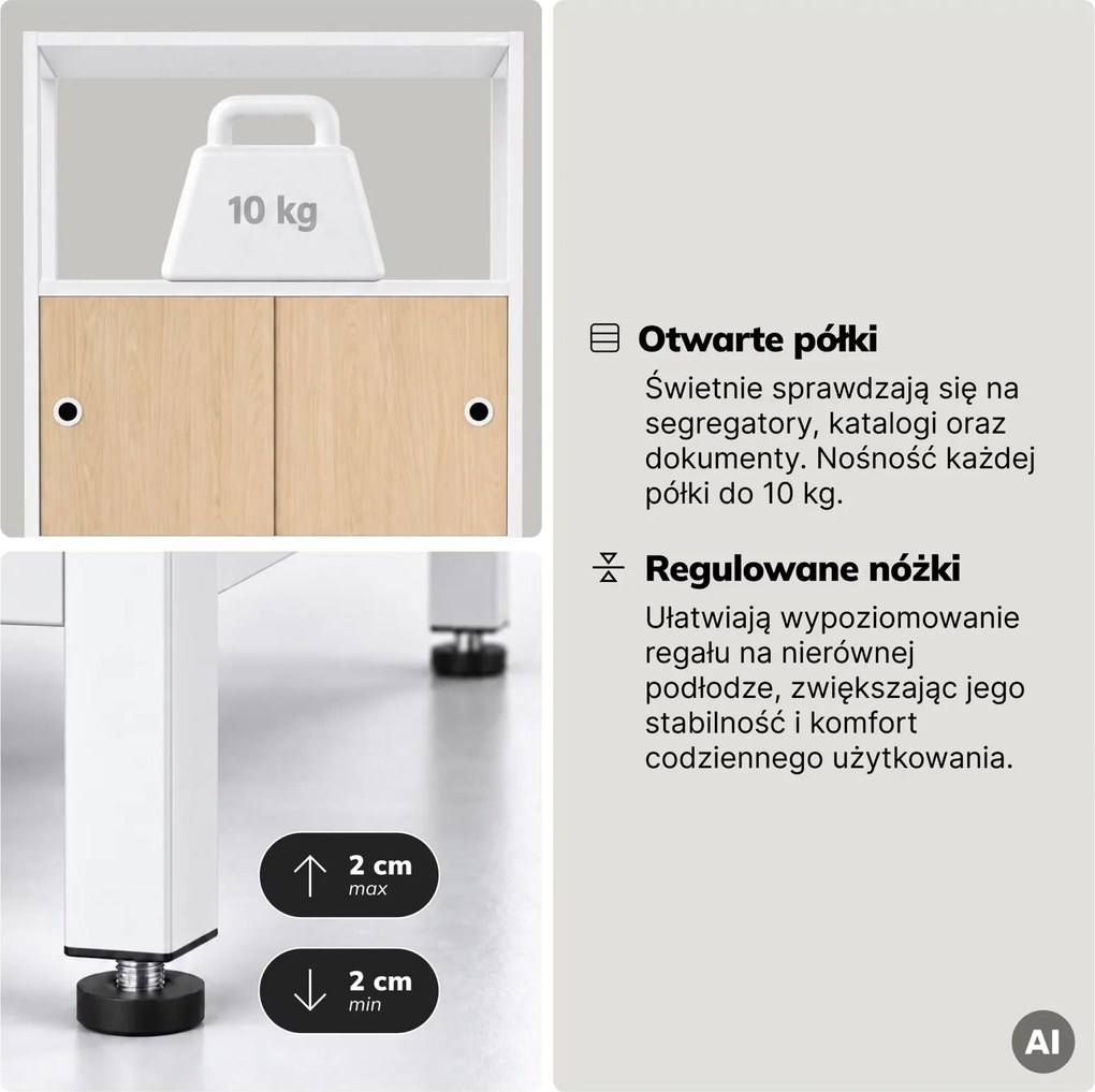 Regał biurowy metalowy z szafkami Eco Design Ariel, 80x40x220 cm, dąb sonoma/biały