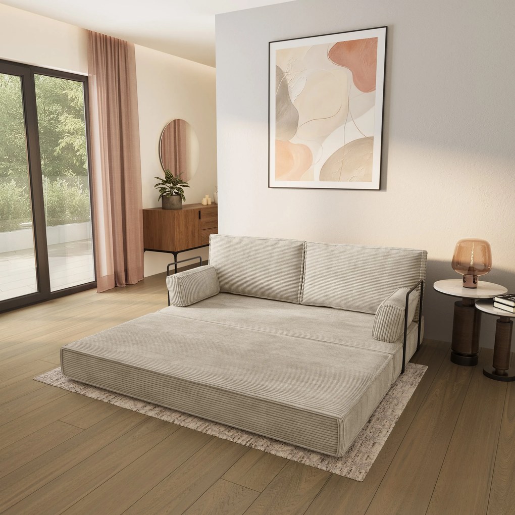 Masseno Sofa piankowa SILAR z funkcją spania, Kanapa z pianki do salonu, Bezmontażowa, Tkanina sztruksowa – Kremowy POSO 100
