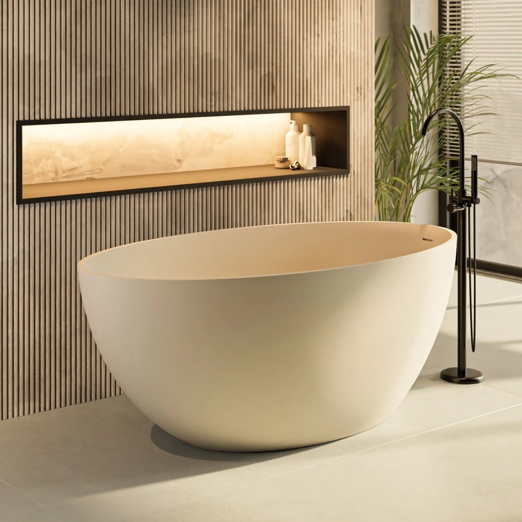 Zestaw KALMI z konglomeratu w kolorze beżowym matowym wanna wolnostojąca i umywalka wolnostojąca z konglomeratu