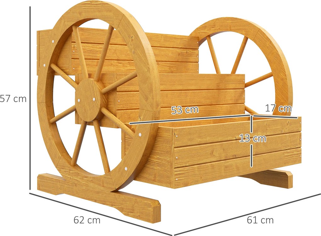 Outsunny Podwyższane grządki z drewna, skrzynki na kwiaty z 3 poziomami, grządka warzywna z dekoracją w kształcie koła wozu, grządka ziołowa z otworami odpływowymi do ogrodu, balkonu, teaku, 61 x 62 x 57 cm