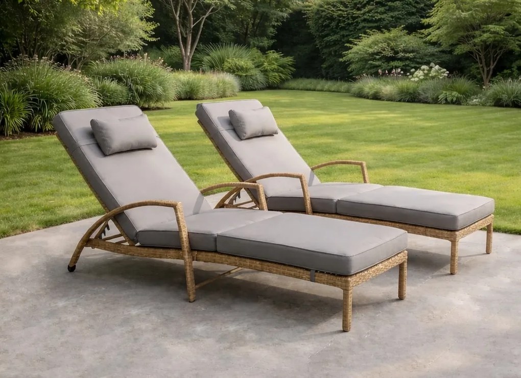 Zestaw 2 leżaków ogrodowych technorattan Ravello XL2505, naturalny, poduszki szare