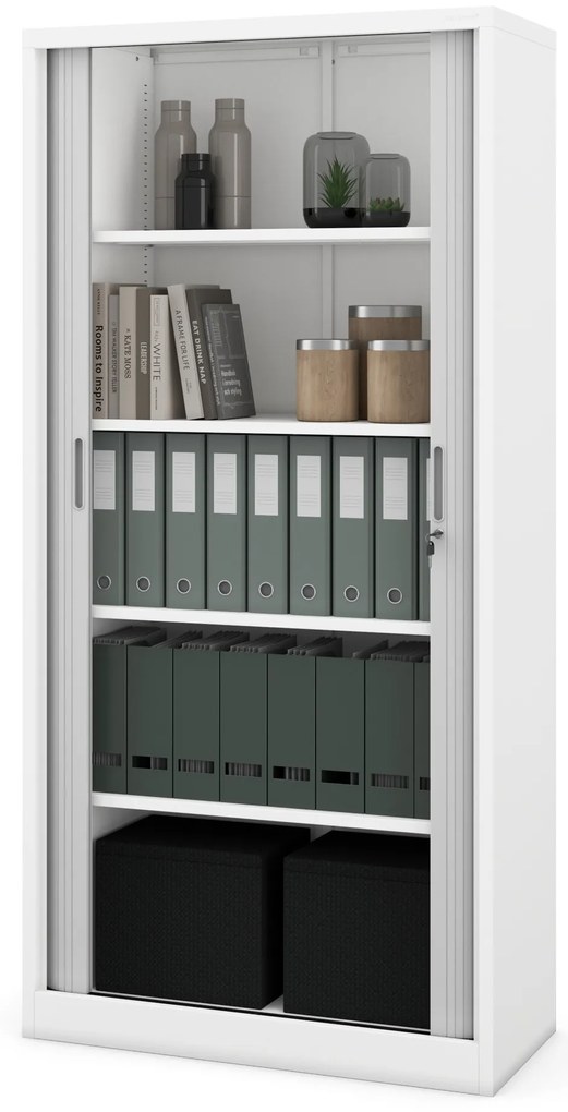 Metalowa szafa biurowa na akta z roletą DAMIAN, 900 x 1850 x 450 mm, biało-szara