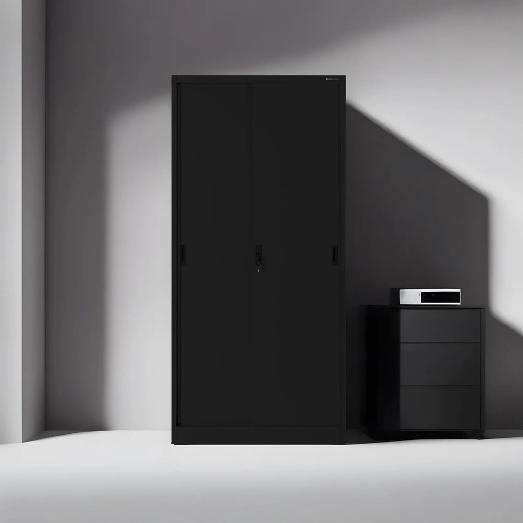 Biurowa szafa metalowa z drzwiami przesuwnymi KUBA, 900 x 1850 x 400 mm, czarna