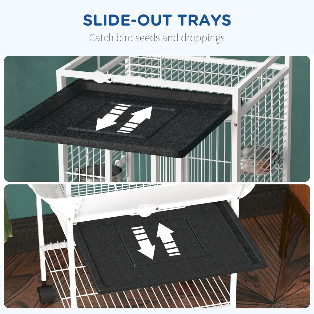 PawHut Klatka dla ptaków, klatka dla papug z 3 drzwiami, 2 żerdziami, kółkami 360°, miską na karmę, półką, wyjmowaną tacą, 62,5x62,5x156 cm, biały | Aosom PL