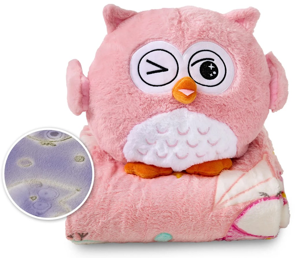 Koc i poduszka-maskotka 3w1 Warm Hug Psotna Sówka   różowy
