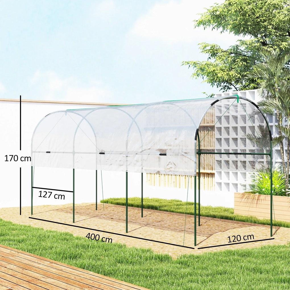 Outsunny Szklarnia mrozoodporna tunel foliowy z łukowym dachem, kotwy gruntowe, 400 x 123 x 171cm przezroczysty | Aosom PL