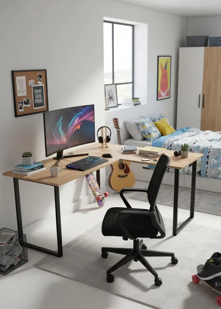 Loftowe biurko w kształcie litery L 90x180x60 dąb craft złoty P4-C70