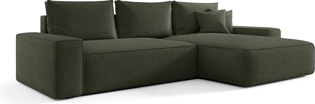 NAROŻNIK MONA z funkcją spania QUELLE 37 Ciemnozielony Prawy Sofa w kształcie L z pojemnikiem na pościel, sofa rozkładana, sofa do salonu