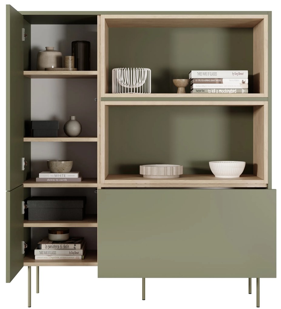 Komoda wysoka Desin 120 cm dwudrzwiowa z szufladą i wnękami - oliwka / dąb nagano