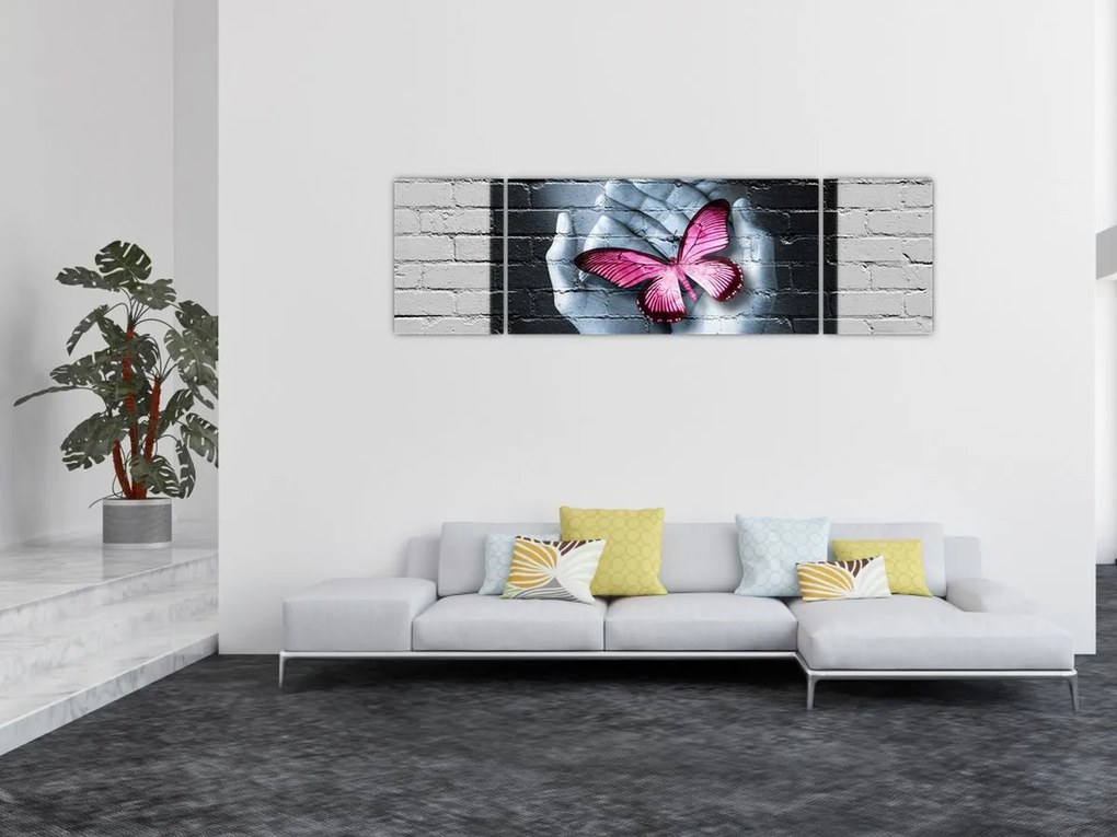Obraz - Różowy motyl w ścianie (170x50 cm)