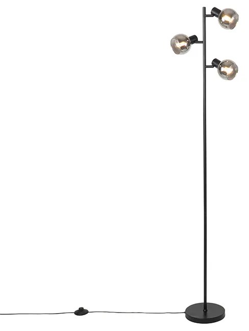 Lampa podłogowa art deco czarna 3-światłowa z przydymionym szkłem - Vidro