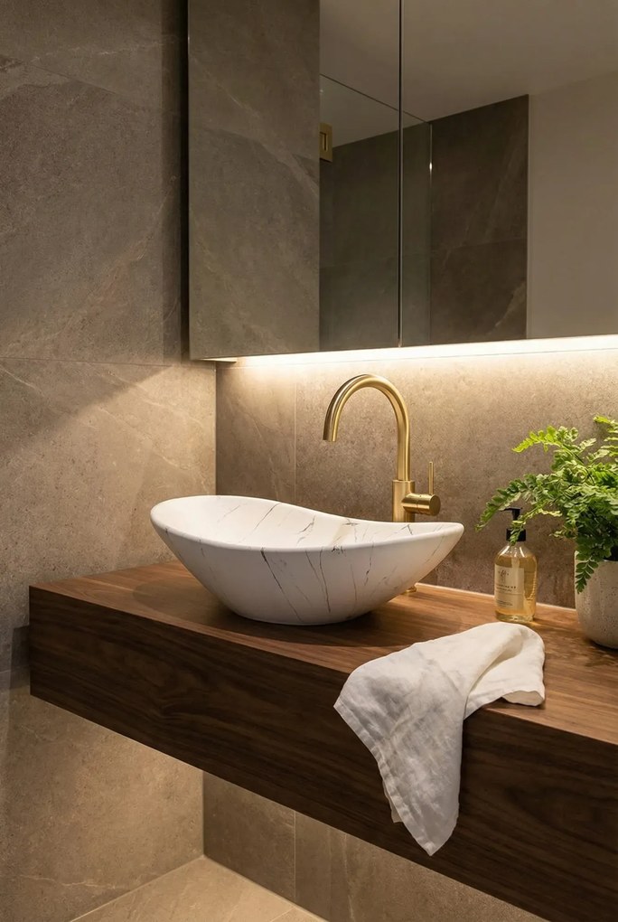 Biała marmurkowa umywalka nablatowa biały z półkami G2-M48