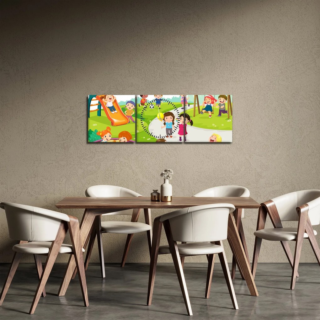 Obraz dziecięcych zabaw w piaskownicy (z zegarem) (90x30 cm)