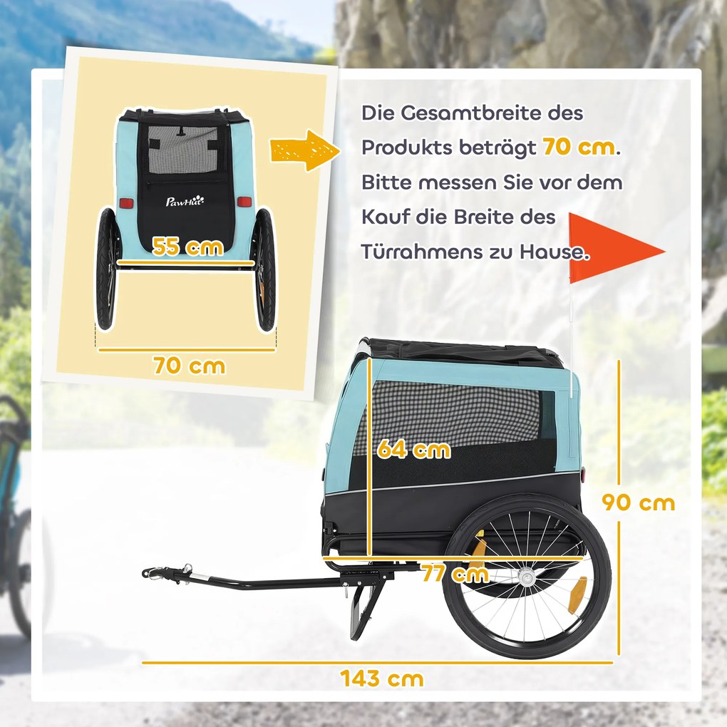 PawHut Składana przyczepka rowerowa z odblaskami, smyczą, dla średnich psów do 20 kg, 143 x 70 x 90 cm, jasnoniebieska | Aosom PL