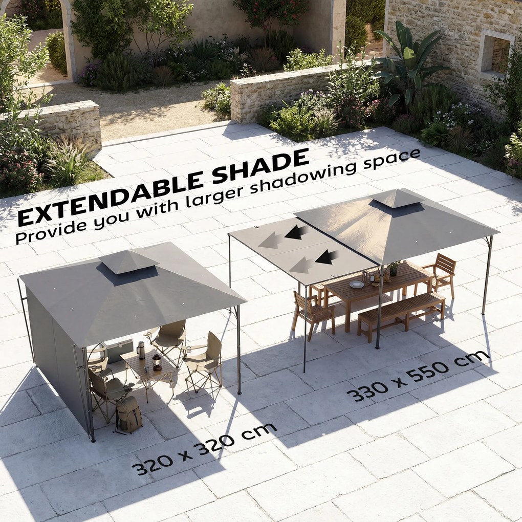 Outsunny Pawilon 3,2x3,2 m Stabilny Zimowy Pawilon Ogrodowy z rozszerzanym dachem, dwuwarstwowym dachem, ciemnoszary | Aosom PL