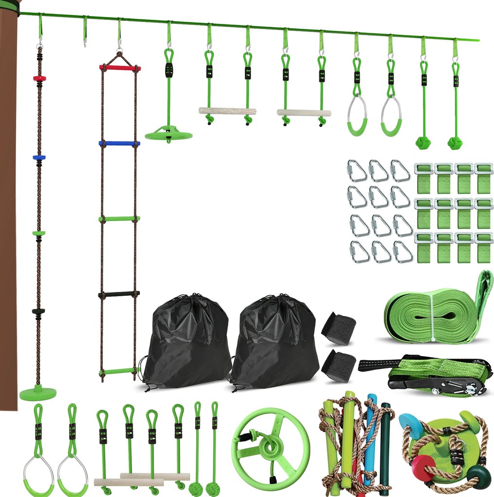 AIYAPLAY Zestaw do wspinaczki na linie dla dzieci, różnorodne akcesoria do wspinaczki i zjazdów, torba na sprzęt, Zielony