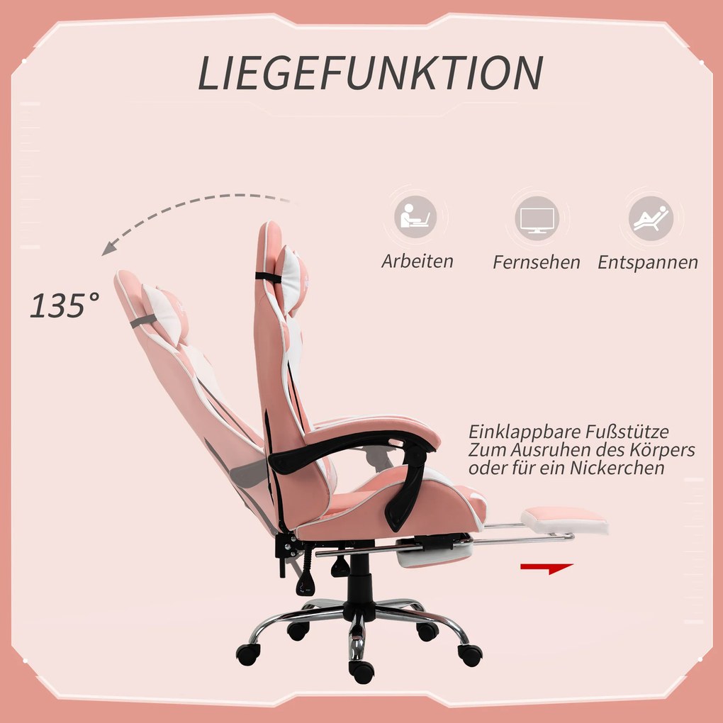 Vinsetto Fotel gamingowy ergonomiczny krzesło komputerowe z regulacją wysokości i zagłówkiem różowy biały | Aosom PL