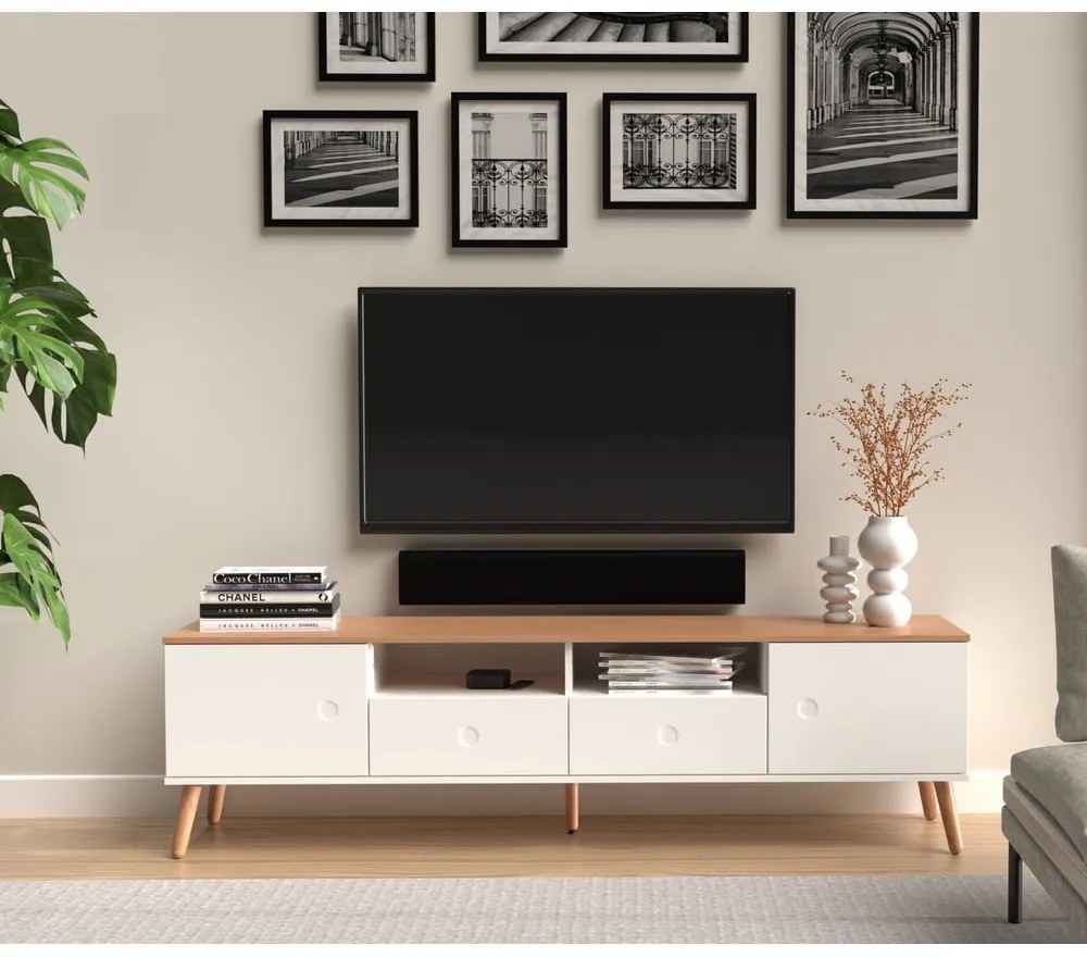 Biała szafka pod TV z nogami z drewna dębowego Tenzo Dot, szer. 192 cm
