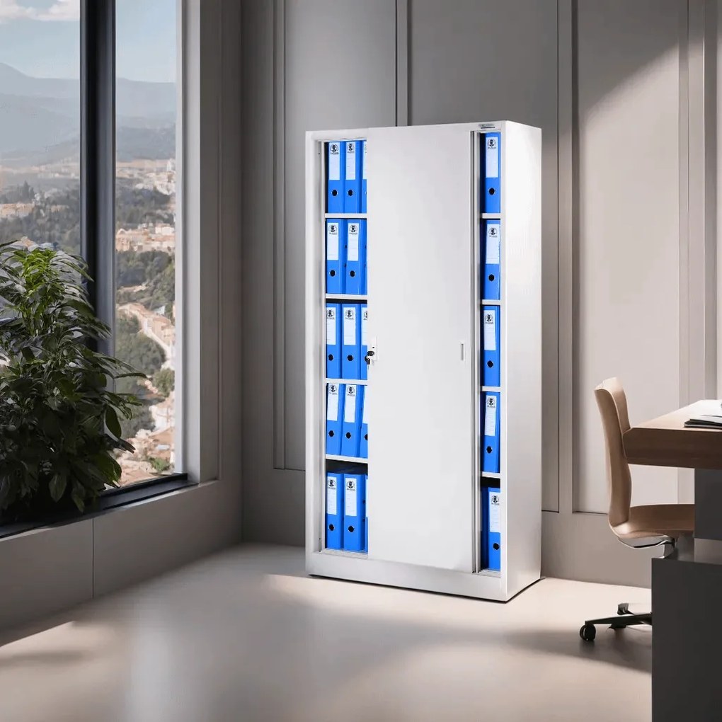 Biurowa szafa metalowa z drzwiami przesuwnymi KUBA, 900 x 1850 x 400 mm, szara