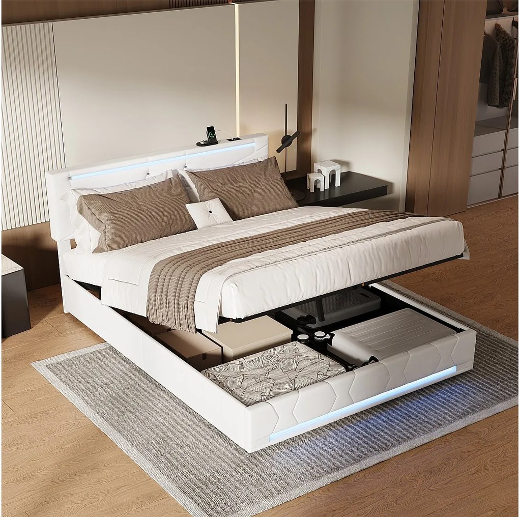 Łóżko podwójne 160x200 cm beżowe z hydraulicznym schowkiem, LED RGB, regulowanym zagłówkiem i trwałą tkaniną lnianą