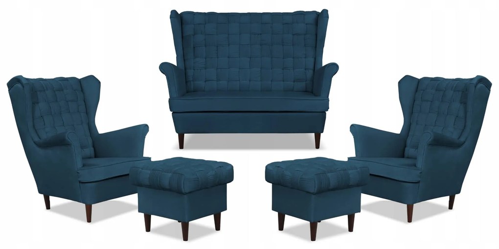 Zestaw wypoczynkowy Carol sofa fotele pufy paski Family Meble granatowy