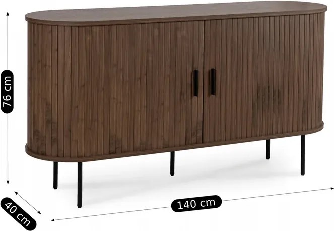 Komoda do Salonu Rozsuwana TRISH 140 cm Orzech Dwudrzwiowa Ryflowana Japandi