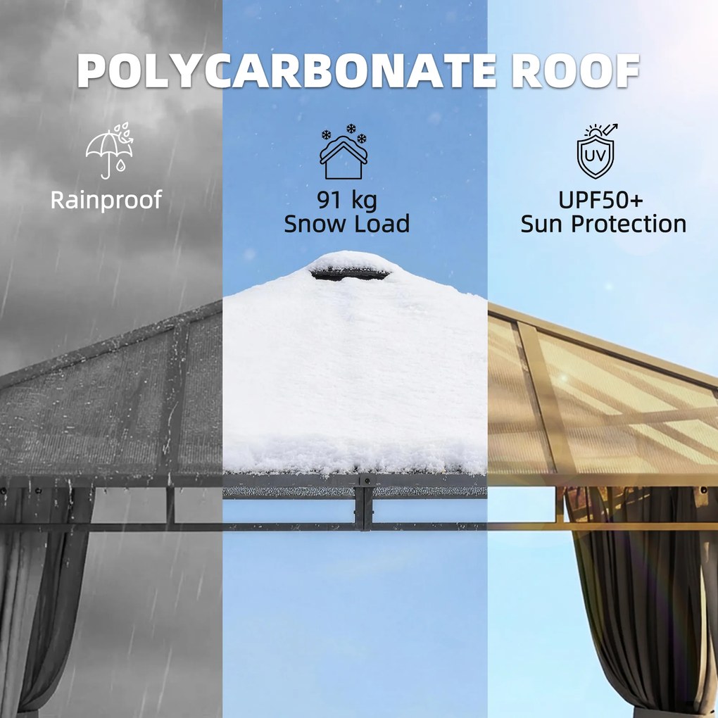 Outsunny Altana ogrodowa 3 x 3 m Metalowa altana z dachem z poliwęglanu 6 mm, UV50+, ciemnoszara | Aosom PL