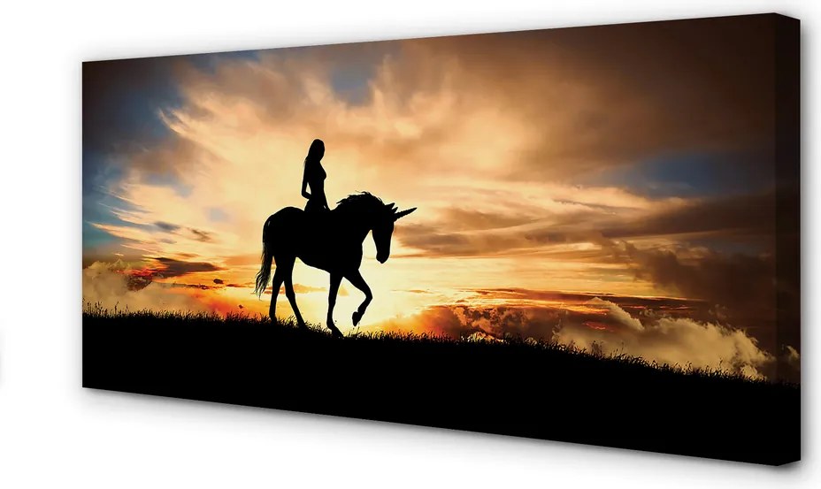 Obraz na płótnie Kobieta na Jednorożcu o Zachodzie Słońca