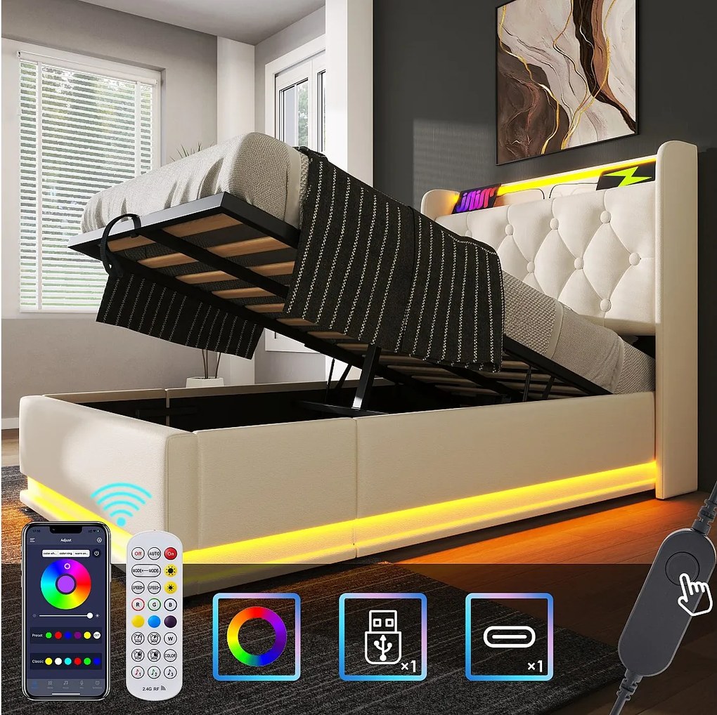 Łóżko z pojemnikiem 90 x 200 cm i zagłówkiem - Gniazda USB i diody LED - Skóra ekologiczna - Wzór guzików - Białe (bez materaca)