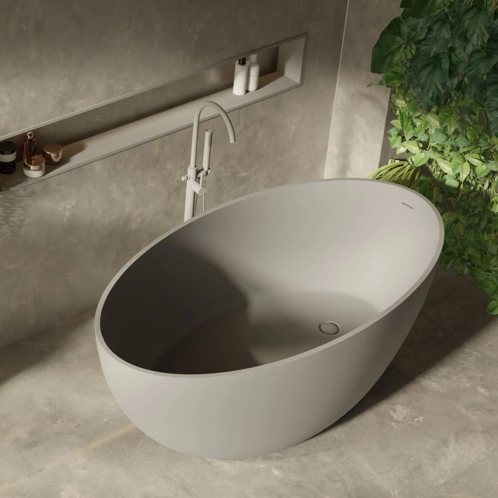 Wanna wolnostojąca owalna szara matowa z konglomeratu 160 x 85 cm KALMI GREY MATT z przelewem typu SLIM cienki rant