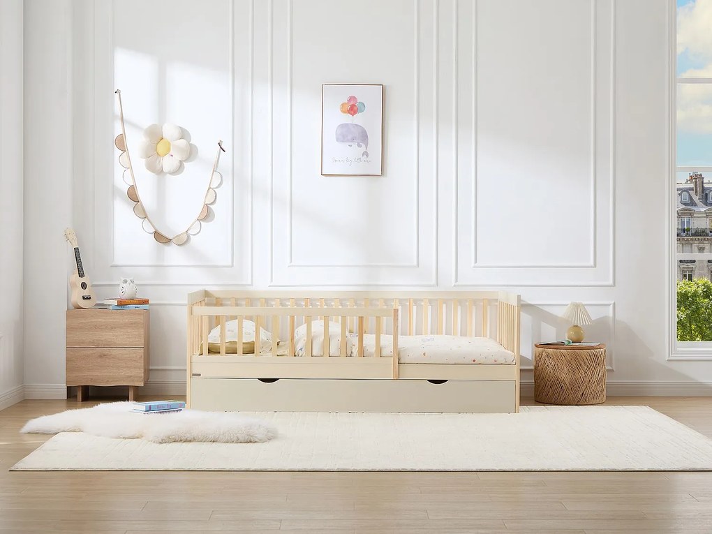 Łóżko 90 x 190 cm z wysuwaną szufladą z funkcją spania - Sosna i MDF – Beżowy i Naturalny + Materac - PROVIATI