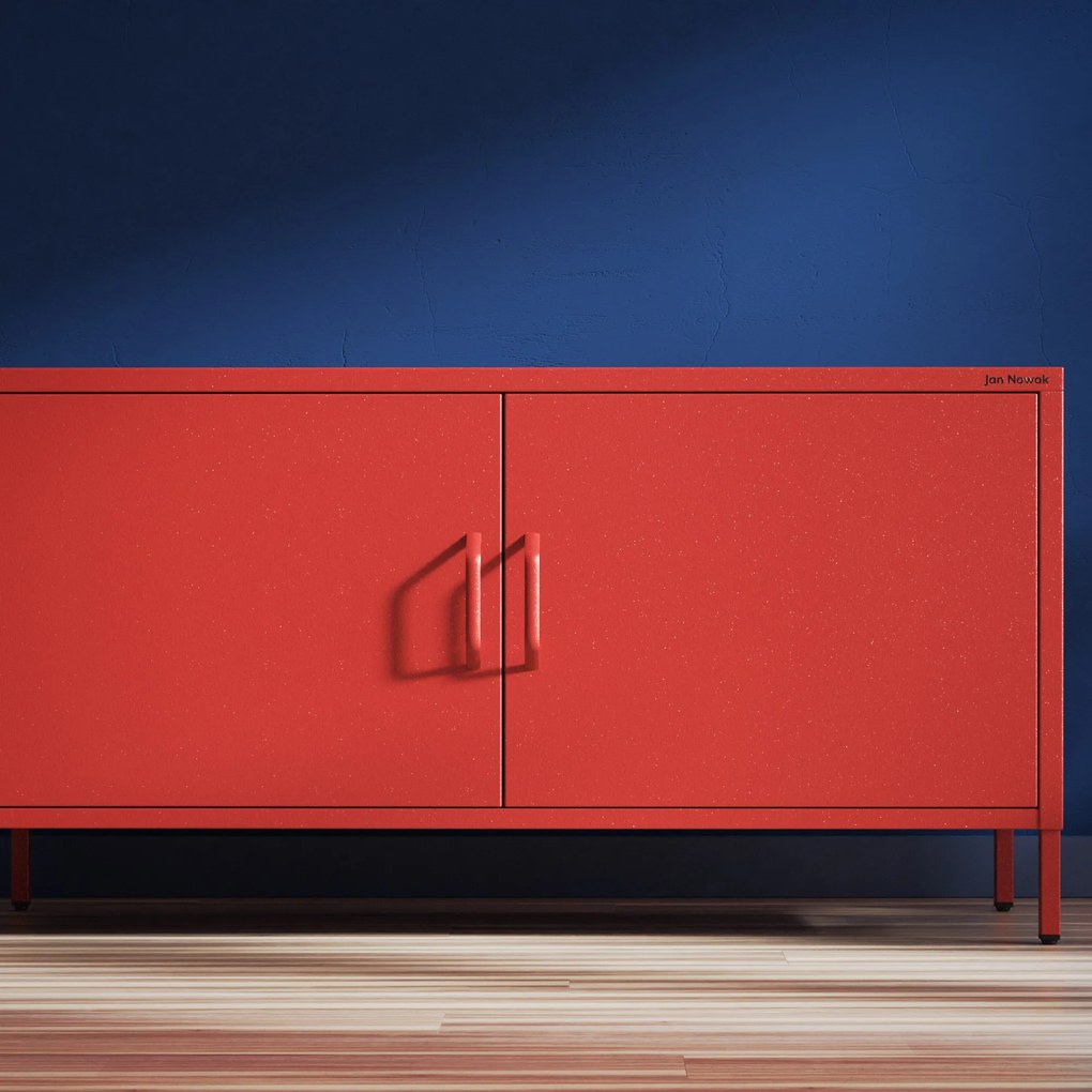 Szafka RTV metalowa na nóżkach czerwona, 1150x595x400 mm: ROSA Modern