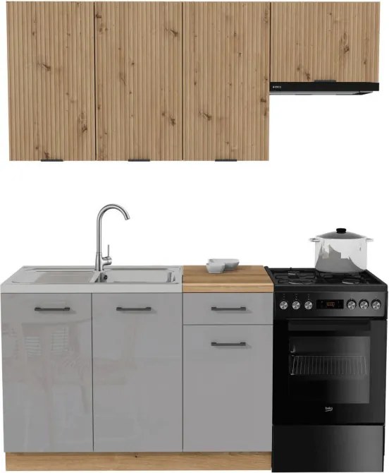 Zestaw Mebli Kuchennych MODERN 170 cm Dąb Artisan/Szary Połysk Ryflowany Nowoczesny