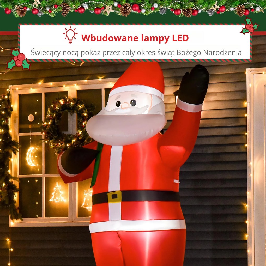 HOMCOM Święty Mikołaj, 2,40 m wysokości, z oświetleniem LED, samonadmuchiwana dekoracja ogrodowa