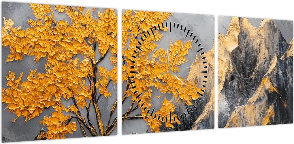 Obraz – Złote drzewo w górach (z zegarem) (90x30 cm)
