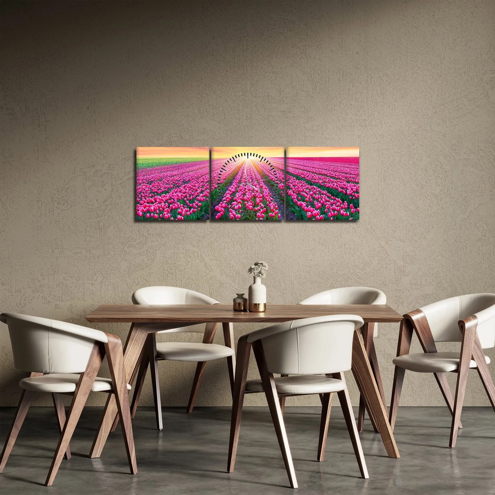 Obraz pole tulipanów ze słońcem (z zegarem) (90x30 cm)