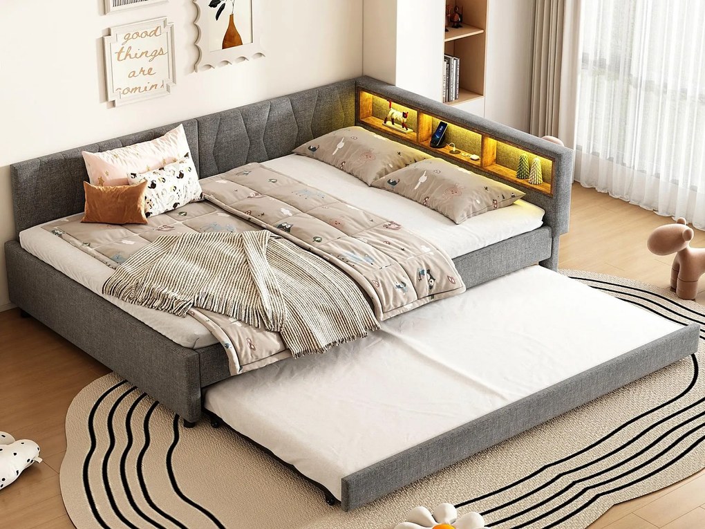 Kanapa rozkładana 140x200 cm - z łóżkiem wysuwanym - z portami USB + Type C - z oświetleniem LED - szary (materac nie jest w zestawie)