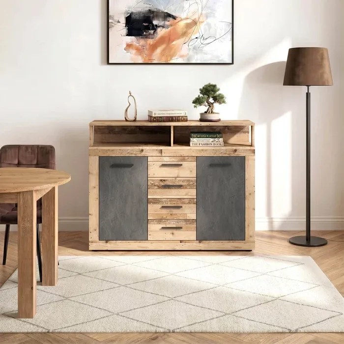 Komoda Dwudrzwiowa z Szufladami BLAGO MIDI B 119,5 cm Surowy Dąb/Grafit Loft