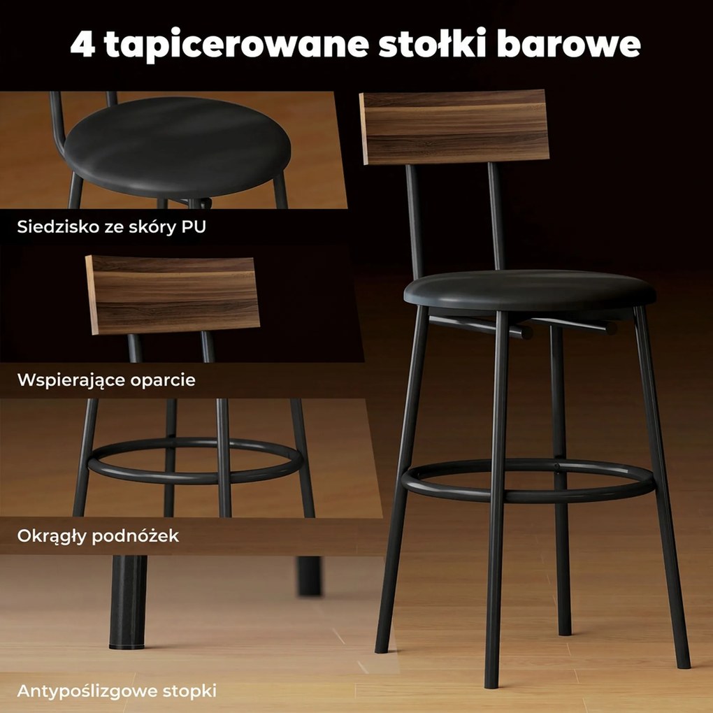 HOMCOM zestaw barowy 5 częściowy stół z 4 hokerami do kuchni jadalni industrialny styl drewno stal brązowy | Aosom PL