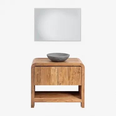 Zestaw Mebli Łazienkowych Z Drewna Vacry Akacja Brąz & Okrągły Szary Cement Ø40 Cm Tarsis & Prostokątna Lampa Led - Sklum