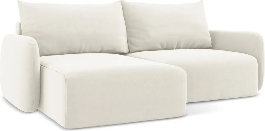 Kremowy aksamitny rozkładany narożnik ze schowkiem (lewostronny/z szezlongiem) Kalena – Makamii