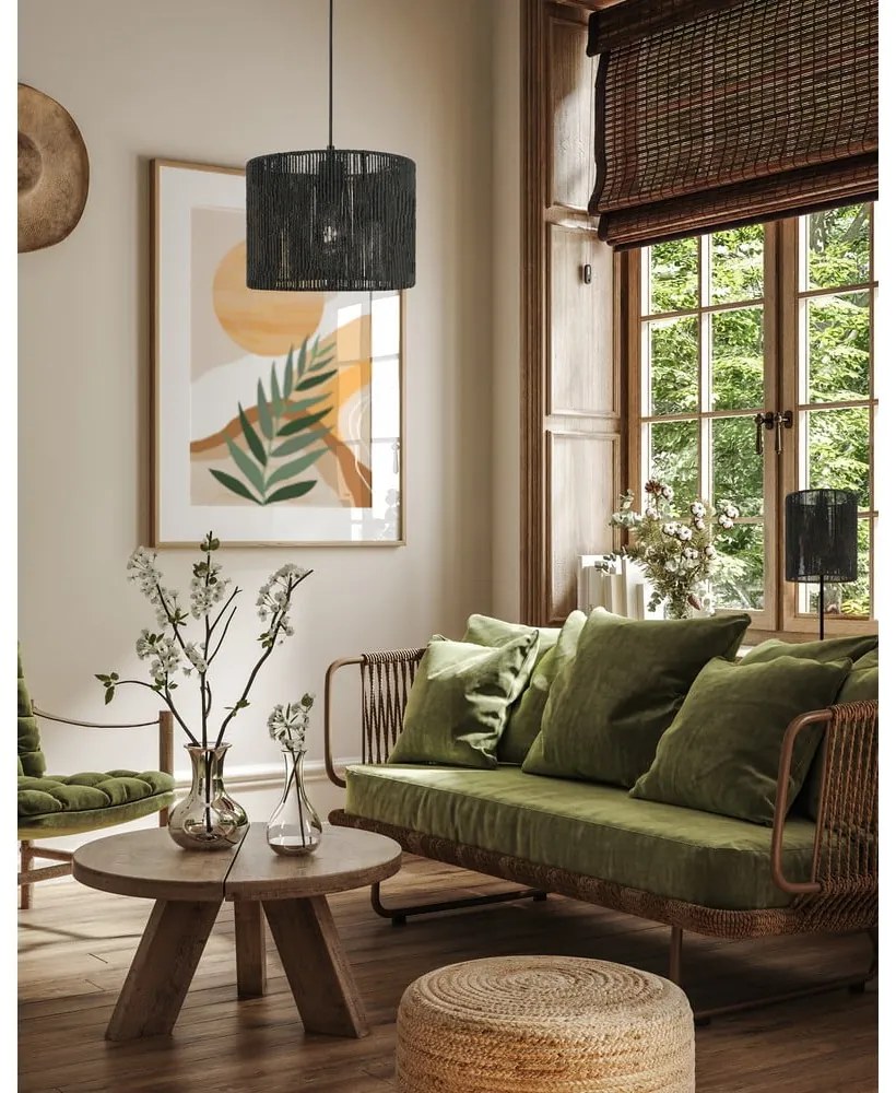 Czarna lampa stołowa z kloszem z plecionki trzcinowej (wysokość 48 cm) Foresto – GTV