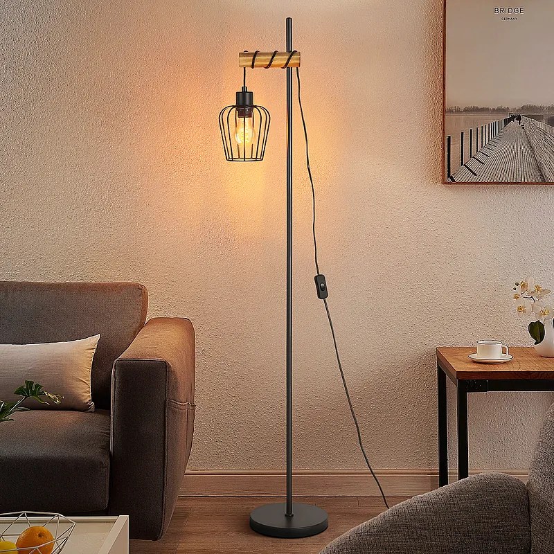 NETTLIFE Drewniana lampa podłogowa Lampa podłogowa w stylu vintage: Czarna lampa do salonu Lampa podłogowa z gniazdem E27 146 cm (bez żarówki)