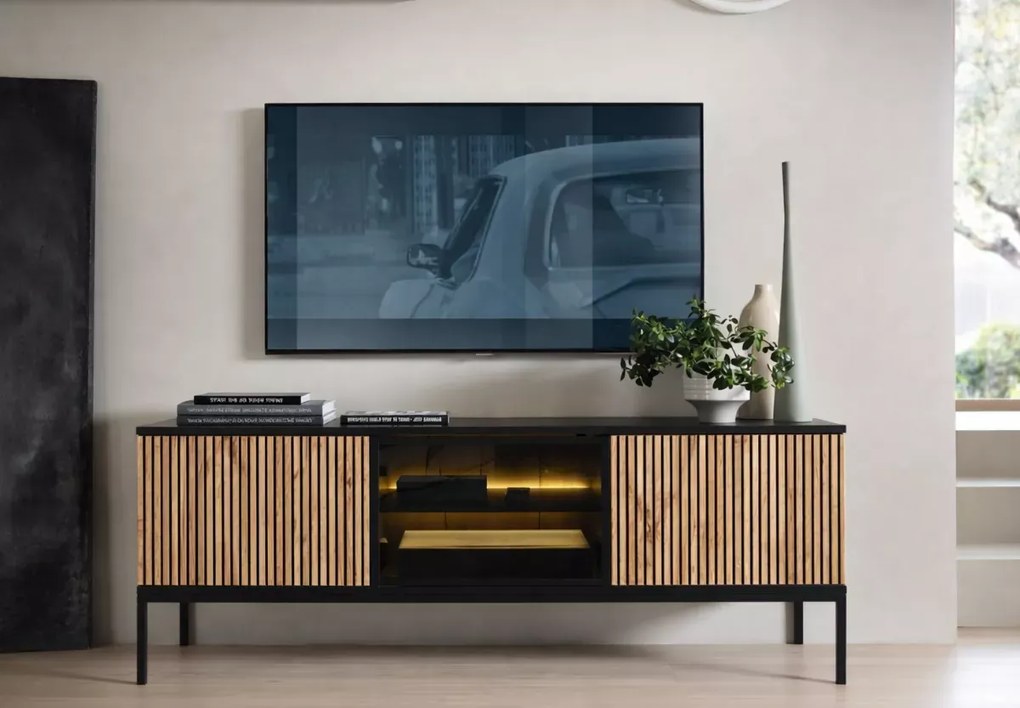 Szafka RTV loft Shark 154cm LED frezowane fronty metalowe nóżki