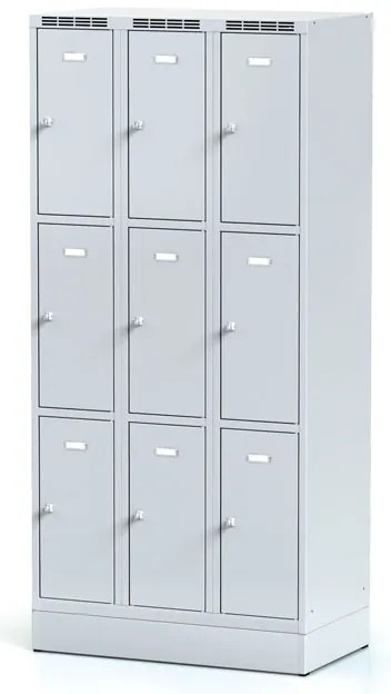 Szafka skrytkowa S6 na cokole, 9 schowków, 1920 x 900 x 500 mm, zamek obrotowy, drzwi szare